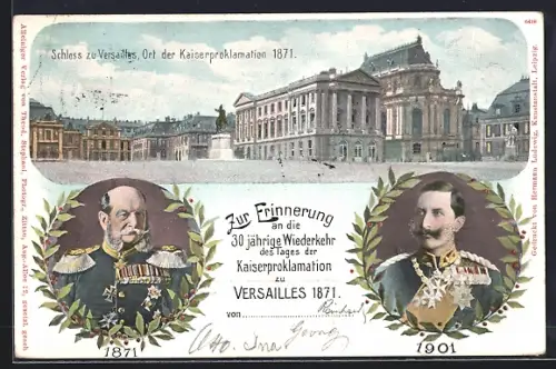 Künstler-AK 30 Jahre Kaiserproklamation zu Versailles 1871, Schloss zu Versailles, Ganzsache