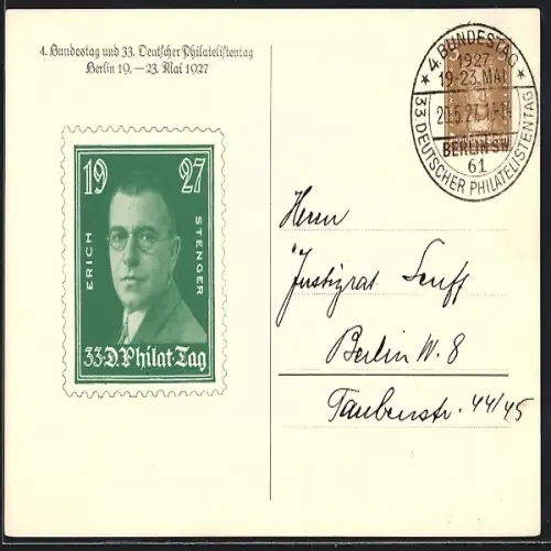 AK Berlin, 4. Bundestag und 33. Deutscher Philatelistentag 1927, Ganzsache
