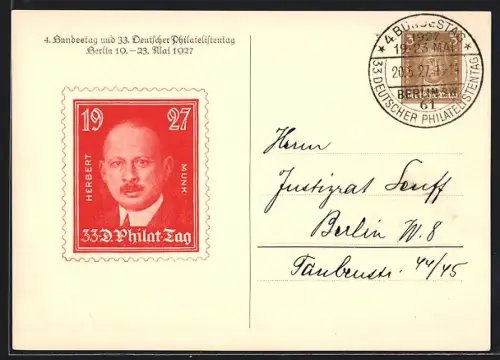 AK Berlin, 4. Bundestag und 33. Deutscher Philatelistentag 1927, Ganzsache