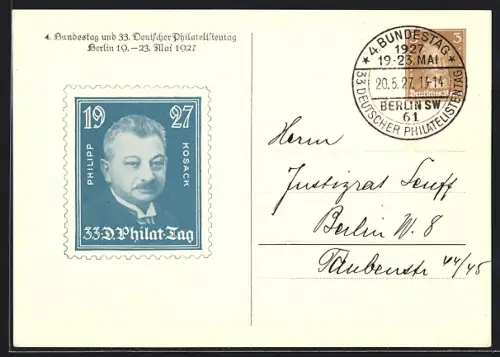 AK Berlin, 4. Bundestag und 33. Deutscher Philatelistentag 1927, Ganzsache