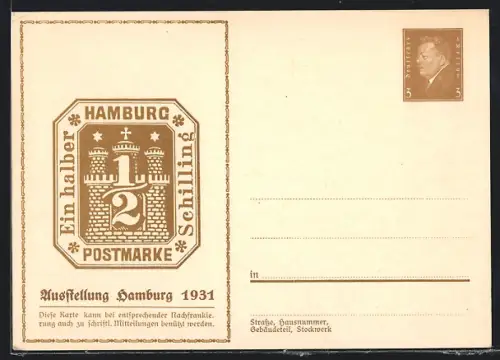 Künstler-AK Hamburg, Ausstellung 1931, Postmarke Ein halber Schilling, Ganzsache