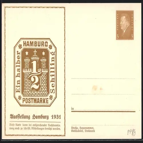 Künstler-AK Hamburg, Ausstellung 1931, Postmarke Ein halber Schilling, Ganzsache