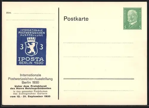 Präge-AK Berlin, Internationale Postwertzeichen-Ausstellung Iposta 1930 im Zoologischen Garten, Ganzsache