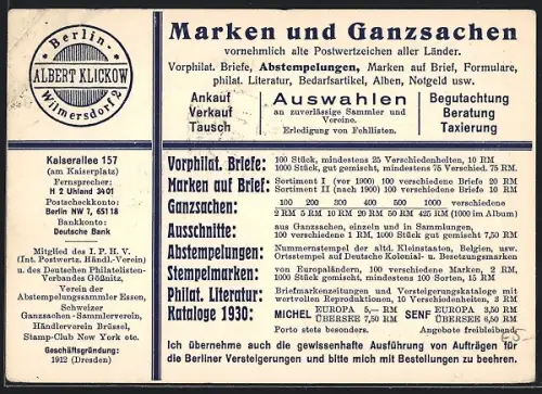 AK Berlin-Wilmersdorf, Reklame für Marken & Ganzsachen v. Albert Klickow, Ganzsache