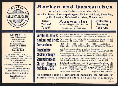 AK Berlin-Wilmersdorf, Reklame für Marken & Ganzsachen v. Albert Klickow, Ganzsache