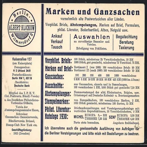 AK Berlin-Wilmersdorf, Reklame für Marken & Ganzsachen v. Albert Klickow, Ganzsache