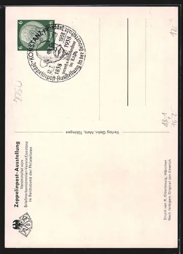 Künstler-AK Konstanz a. Bodensee, Zeppelinpost-Ausstellung, 100. Geburtstag des Grafen Zeppelin 1938, Ganzsache