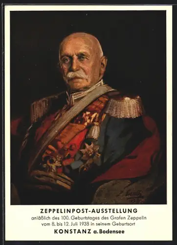 Künstler-AK Konstanz a. Bodensee, Zeppelinpost-Ausstellung, 100. Geburtstag des Grafen Zeppelin 1938, Ganzsache