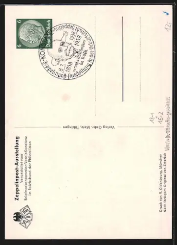 Künstler-AK Konstanz a. Bodensee, Zeppelinpost-Ausstellung, 100. Geburtstag des Grafen Zeppelin 1938, Ganzsache