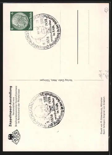 Künstler-AK Konstanz a. Bodensee, Zeppelinpost-Ausstellung, 100. Geburtstag des Grafen Zeppelin 1938, Ganzsache