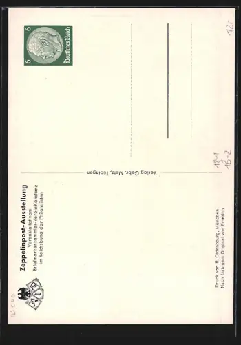 Künstler-AK Konstanz a. Bodensee, Zeppelinpost-Ausstellung, 100. Geburtstag des Grafen Zeppelin 1938, Ganzsache