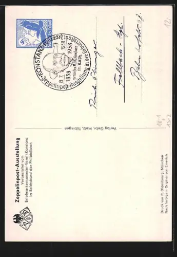Künstler-AK Konstanz a. Bodensee, Zeppelinpost-Ausstellung, 100. Geburtstag des Grafen Zeppelin 1938, Ganzsache