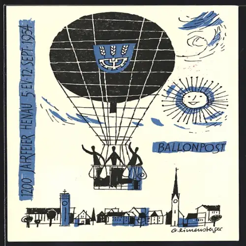 Künstler-AK Henau, 1200 Jahrfeier 1954, Ballonfahrer bringen die Post, Stempel Ballon-Post