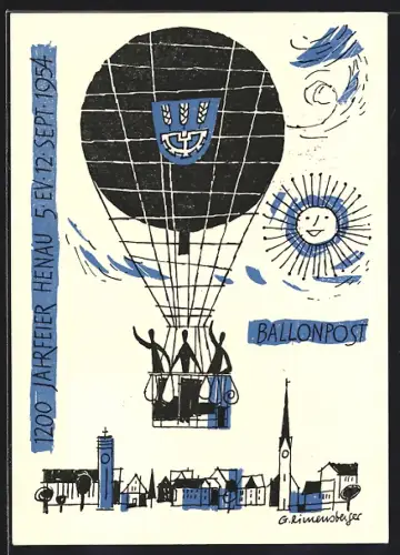 Künstler-AK Henau, 1200 Jahrfeier 1954, Ballonfahrer bringen die Post, Stempel Ballon-Post