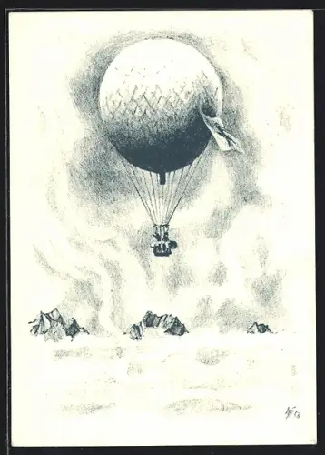 Künstler-AK Berg über Ehingen, Ballon über den Bergen, Stempel