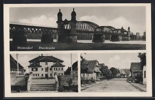 AK Wintersdorf / Rastatt, Rheinbrücke, Schulhaus u. Eingang z. Kindergarten, Strasse