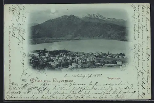 Mondschein-AK Tegernsee, Ortsansicht mit Seeblick und Bergpanorama