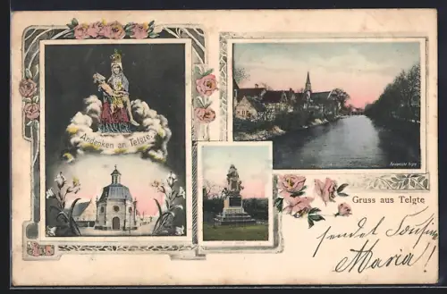 AK Telgte, Denkmal, Kirche mit Gnadenbild, Totalansicht, Rosen, Ornamente