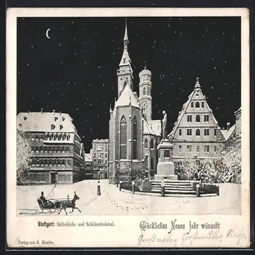 AK Stuttgart, Stiftskirche und Schillderdenkmal mit Pferdeschlitten bei Nacht im Winter