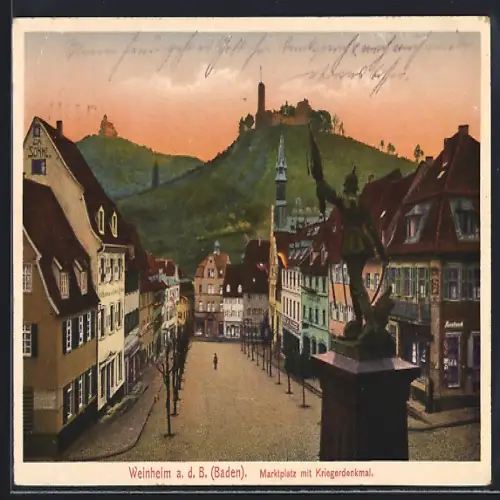 AK Weinheim / Bergstrasse, Marktplatz mit Kriegerdenkmal und Burg Windeck