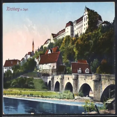 AK Kirchberg a. Jagst, Ortspanorama mit Brücke vom Wasser aus