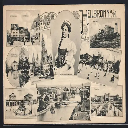 AK Heilbronn a./N., Kätzchenhaus, Bahnhof, Kaserne, St. Kilianskirche