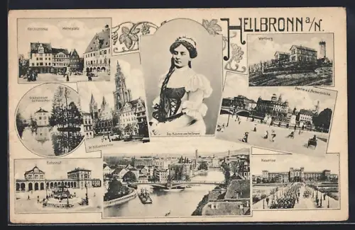 AK Heilbronn a./N., Kätzchenhaus, Bahnhof, Kaserne, St. Kilianskirche