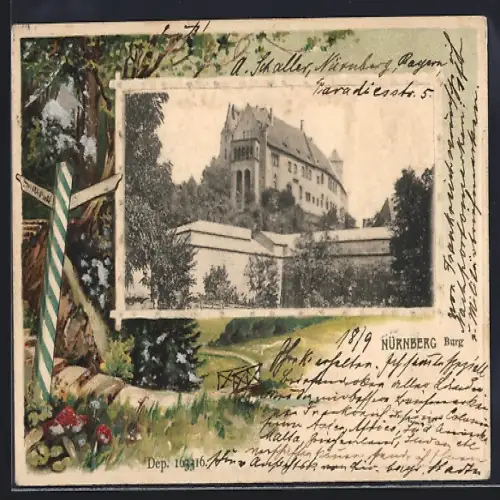 Passepartout-Lithographie Nürnberg, Burg, Landpartie mit Wegweiser
