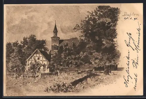 Künstler-AK Carl Jander: Berlin-Dahlem, Blick zur Kirche