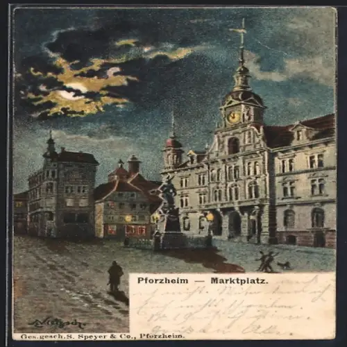 Mondschein-AK Pforzheim, Marktplatz bei Nacht im Vollmondlicht