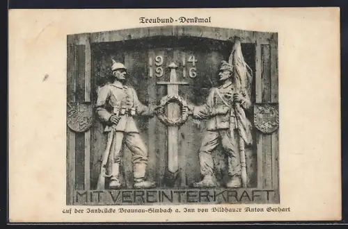 AK Braunau am Inn, Treubund-Denkmal auf der Innbrücke nach Simbach