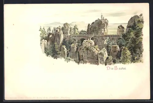 Lithographie Bastei, Brücke im Elbsandsteingebirge