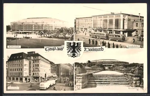AK Dortmund, Westfalenhalle, Hauptbahnhof, Rosentalstrasse, Rosenterrassen