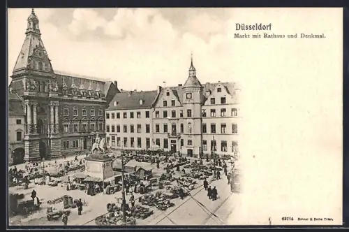 AK Düsseldorf, Markt mit Rathaus und Denkmal