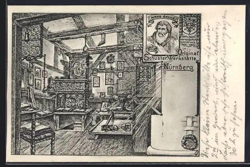 Künstler-AK Nürnberg, Hans Sachs Original Schuster-Werkstätte