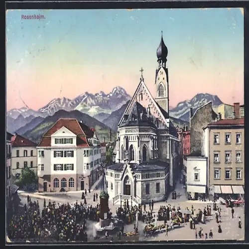 AK Rosenheim / Bayern, Blick auf die Kirche mit Bergen im Hintergrund