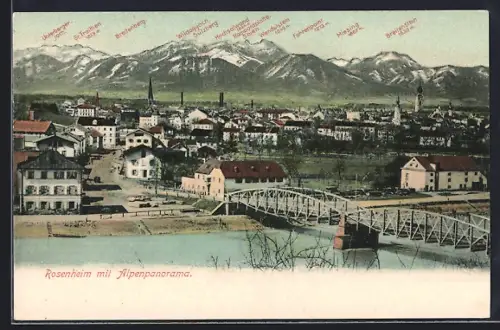 AK Rosenheim, Ortsansicht mit Alpenpanorama