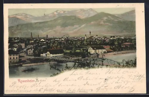 AK Rosenheim, Ortsansicht mit Brücke und Alpenpanorama