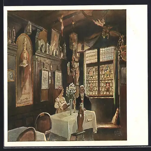 Künstler-AK Nürnberg, Goldene Posthorn Weinstube, Innenansicht, Bes. C. Näpflein