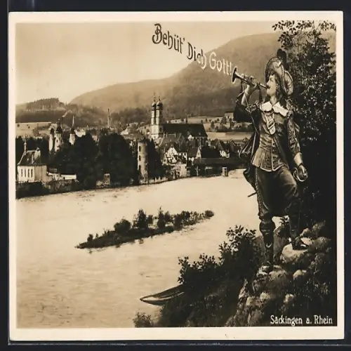 AK Säckingen a. Rhein, Ortsansicht mit Rheinpartie, Behüt dich Gott