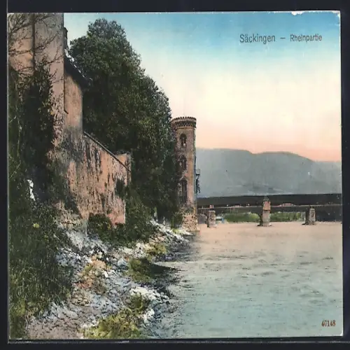 AK Säckingen, Rheinpartie mit Brücke