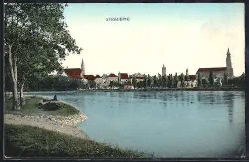 AK Straubing, Stadtansicht vom Ufer aus