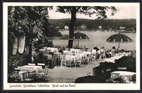 AK Berlin-Wannsee, Gaststätte Blockhaus Nikolskoe, Blick auf die Havel