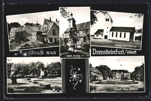 AK Drensteinfurt /Westf., Blick zur Kirche, Kath. Kirche, Evang. Martinskirche, Ehrenmal, Schloss Haus Steinfurt
