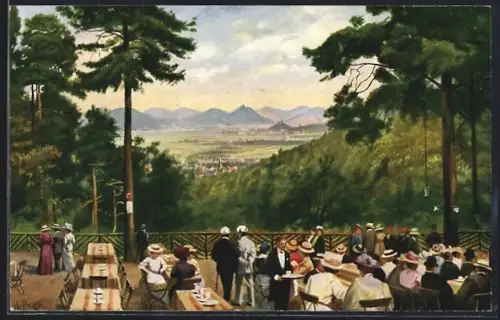 Künstler-AK Bonn, Gasthaus Casselsruhe, Blick auf Godesberg und das Siebengebirge