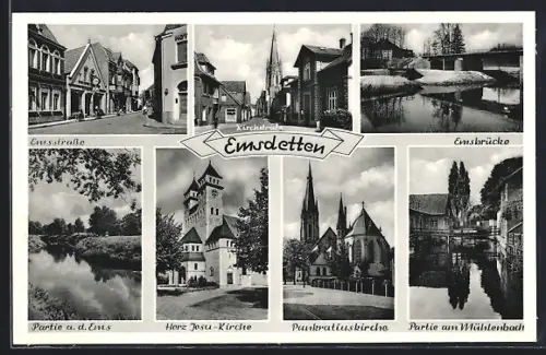 AK Emsdetten, Emsstrasse, Herz Jesu-Kirche, Pauluskerk, Emsbrücke, Mühlenbach, Partie an der Ems