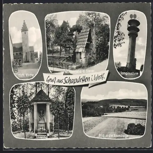 AK Schapdetten i. Westf., Kath. Kirche, Longinusturm, Mühlenrad a. d. Stever