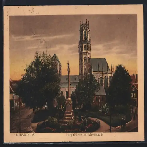 AK Münster i. W., Ludgerikirche und Mariensäule