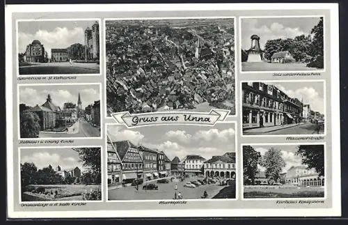 AK Unna, Marktplatz, Rathaus u. Georg Kirche, Salzwasserturm, Massenerstrasse