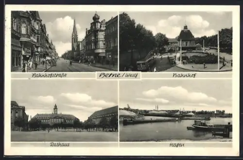 AK Herne /Westf., Bahnhofstrasse, Bahnhof, Rathaus, Hafen
